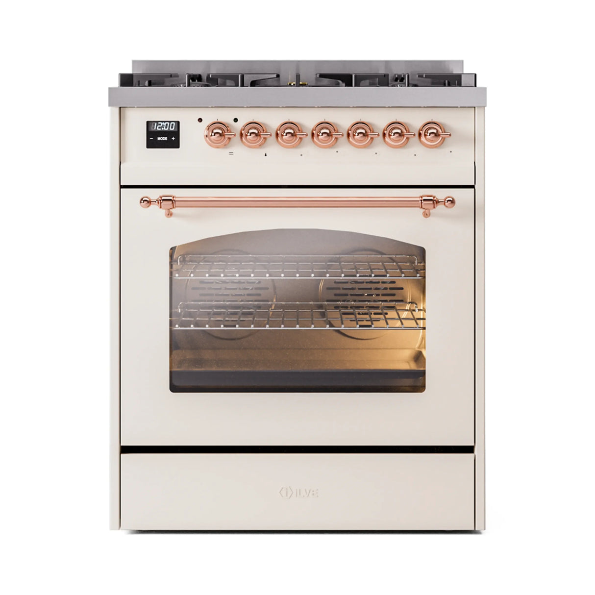 ILVE Nostalgie II 30-Inch Freestanding Natural Gas Dual Fuel Range in Antique White with Copper Trim (UP30NMPAWP)