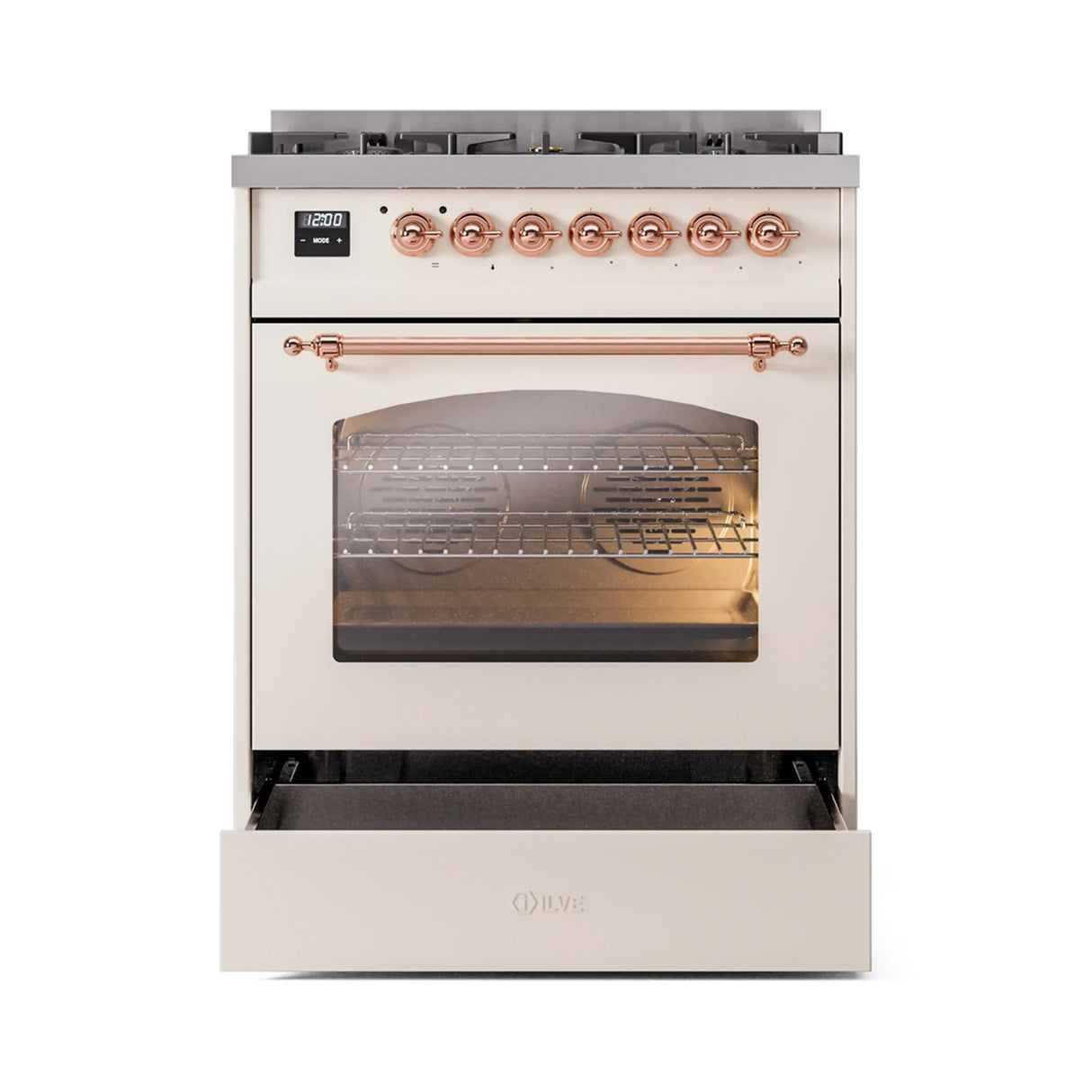 ILVE Nostalgie II 30-Inch Freestanding Natural Gas Dual Fuel Range in Antique White with Copper Trim (UP30NMPAWP)