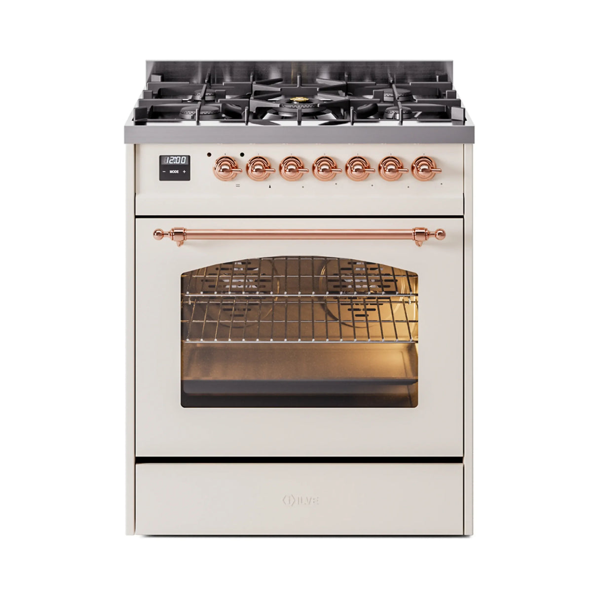 ILVE Nostalgie II 30-Inch Freestanding Natural Gas Dual Fuel Range in Antique White with Copper Trim (UP30NMPAWP)