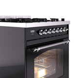 ILVE Nostalgie II 30-Inch Freestanding Natural Gas Dual Fuel Range in Glossy Black with Chrome Trim (UP30NMPBKC)