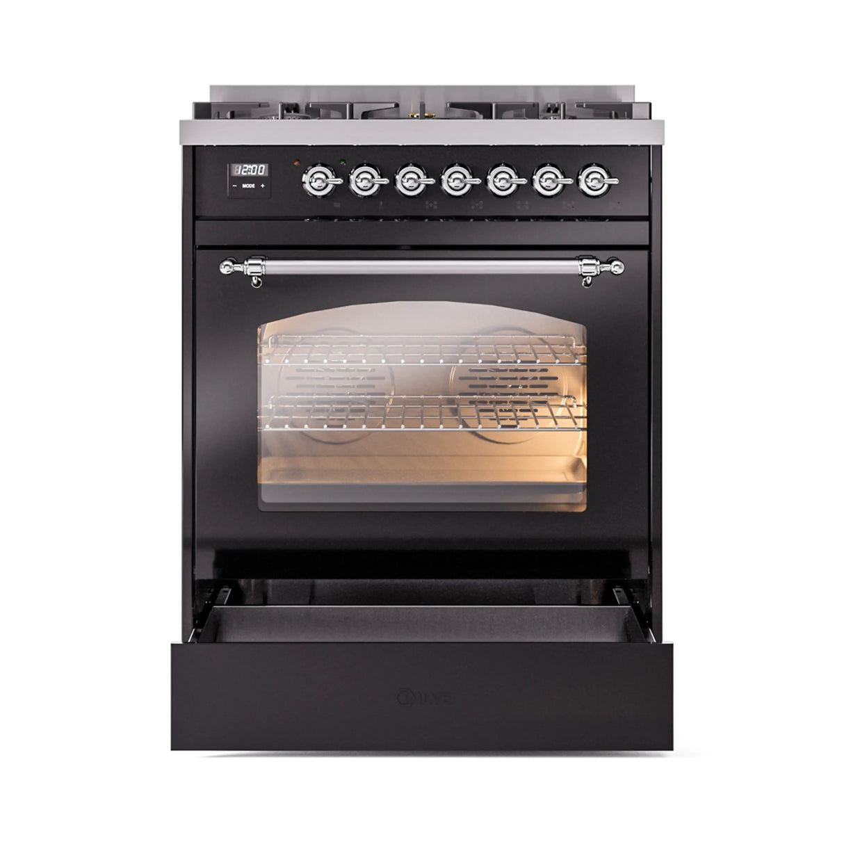 ILVE Nostalgie II 30-Inch Freestanding Natural Gas Dual Fuel Range in Glossy Black with Chrome Trim (UP30NMPBKC)