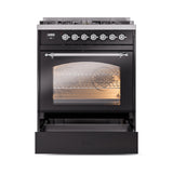 ILVE Nostalgie II 30-Inch Freestanding Natural Gas Dual Fuel Range in Glossy Black with Chrome Trim (UP30NMPBKC)