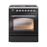 ILVE Nostalgie II 30-Inch Freestanding Natural Gas Dual Fuel Range in Glossy Black with Chrome Trim (UP30NMPBKC)