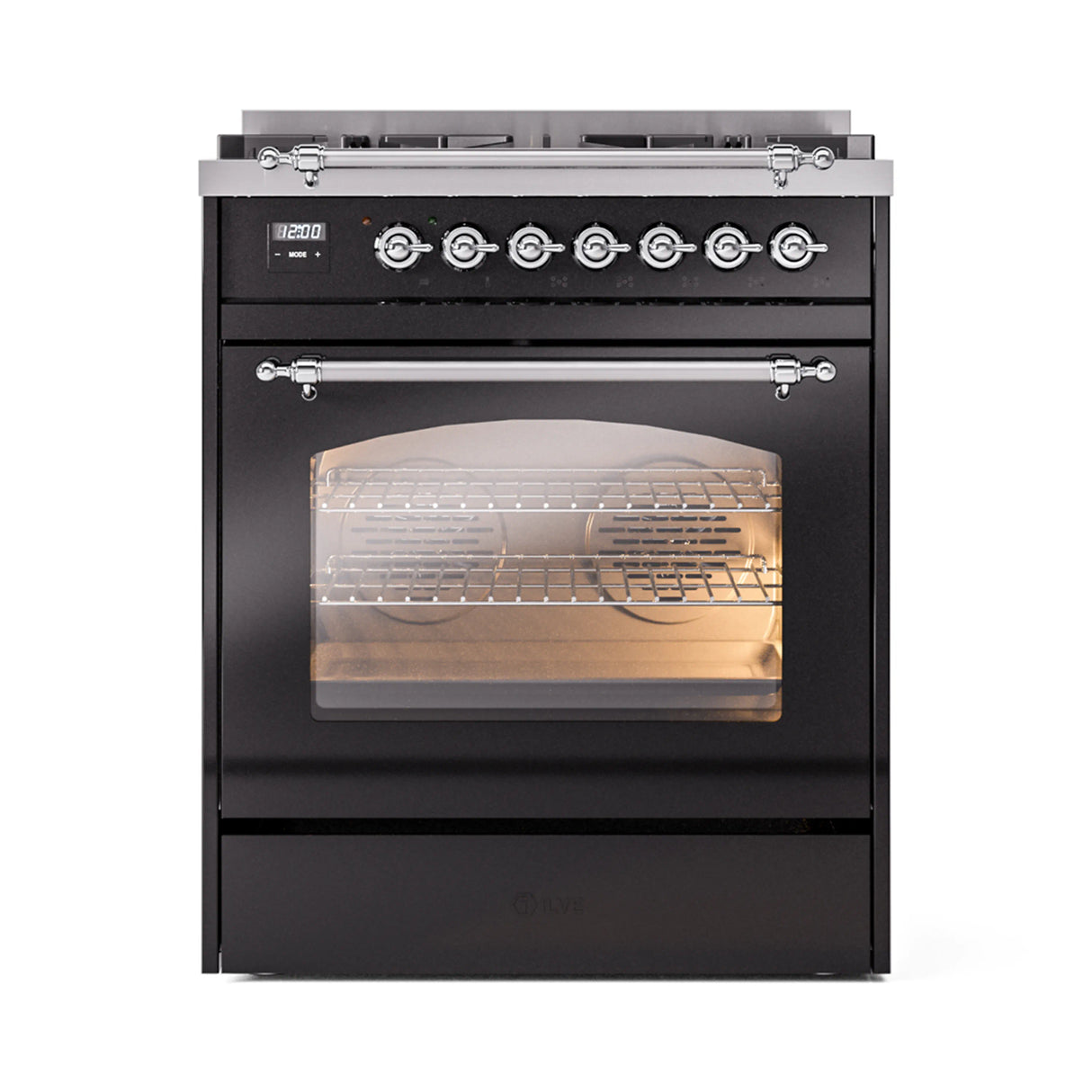 ILVE Nostalgie II 30-Inch Freestanding Natural Gas Dual Fuel Range in Glossy Black with Chrome Trim (UP30NMPBKC)