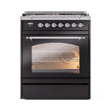 ILVE Nostalgie II 30-Inch Freestanding Natural Gas Dual Fuel Range in Glossy Black with Chrome Trim (UP30NMPBKC)