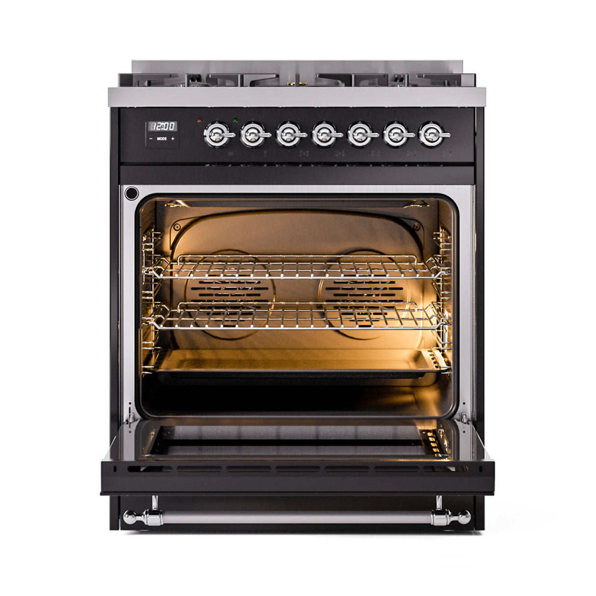 ILVE Nostalgie II 30-Inch Freestanding Natural Gas Dual Fuel Range in Glossy Black with Chrome Trim (UP30NMPBKC)