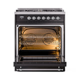 ILVE Nostalgie II 30-Inch Freestanding Natural Gas Dual Fuel Range in Glossy Black with Chrome Trim (UP30NMPBKC)