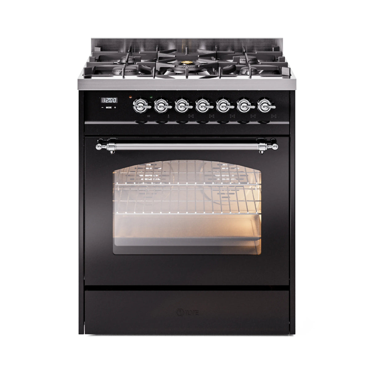 ILVE Nostalgie II 30-Inch Freestanding Natural Gas Dual Fuel Range in Glossy Black with Chrome Trim (UP30NMPBKC)