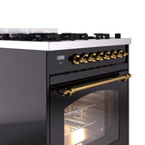 ILVE Nostalgie II 30-Inch Dual Fuel Freestanding Range in Glossy Black with Brass Trim (UP30NMPBKGLP)