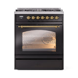 ILVE Nostalgie II 30-Inch Dual Fuel Freestanding Range in Glossy Black with Brass Trim (UP30NMPBKGLP)