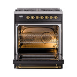 ILVE Nostalgie II 30-Inch Dual Fuel Freestanding Range in Glossy Black with Brass Trim (UP30NMPBKGLP)