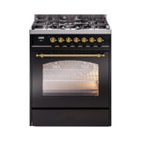 ILVE Nostalgie II 30-Inch Freestanding Natural Gas Dual Fuel Range in Glossy Black with Brass Trim (UP30NMPBKG)