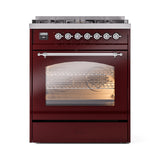 ILVE Nostalgie II 30-Inch Dual Fuel Freestanding Range in Burgundy with Chrome Trim (UP30NMPBUCLP)