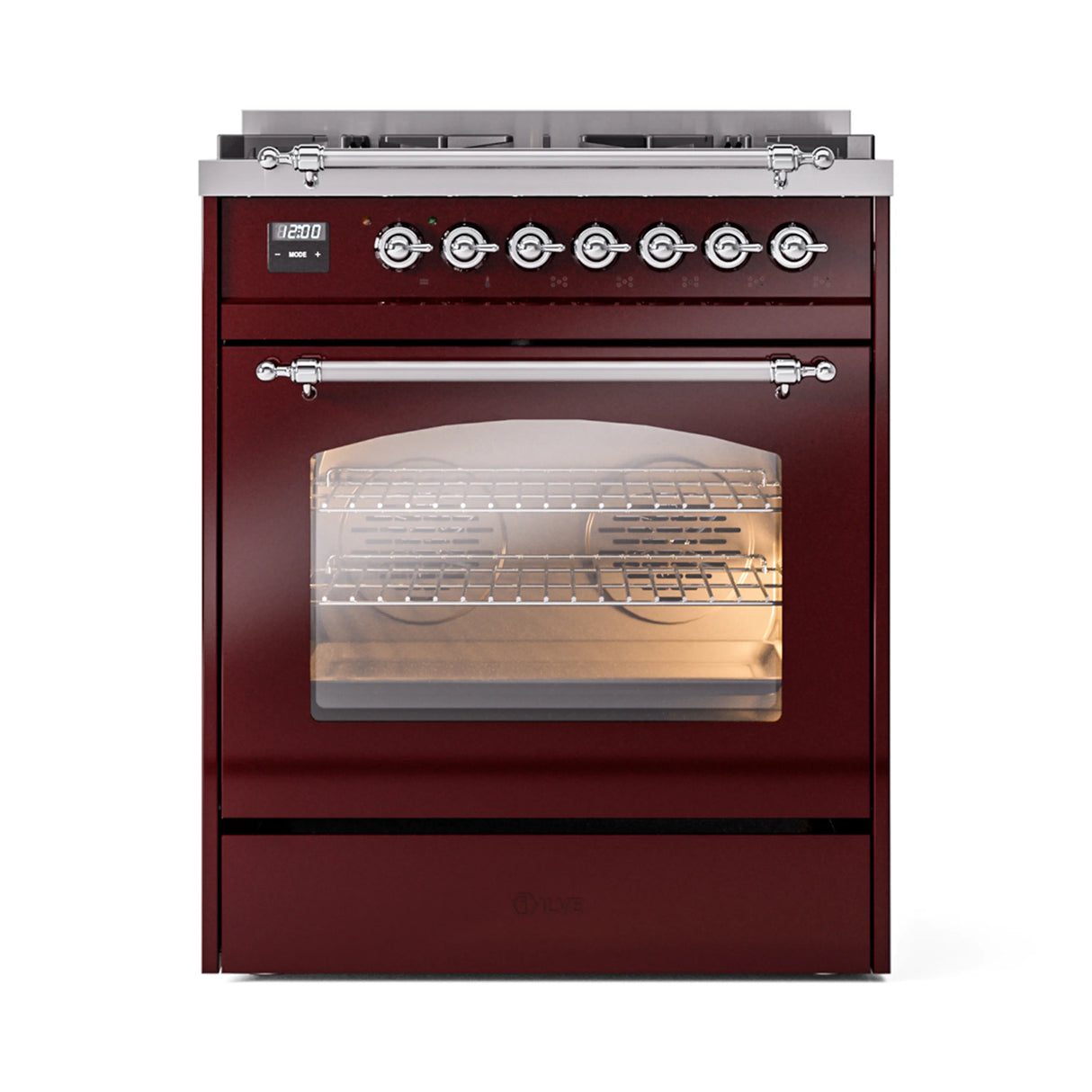 ILVE Nostalgie II 30-Inch Dual Fuel Freestanding Range in Burgundy with Chrome Trim (UP30NMPBUCLP)