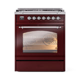 ILVE Nostalgie II 30-Inch Dual Fuel Freestanding Range in Burgundy with Chrome Trim (UP30NMPBUCLP)