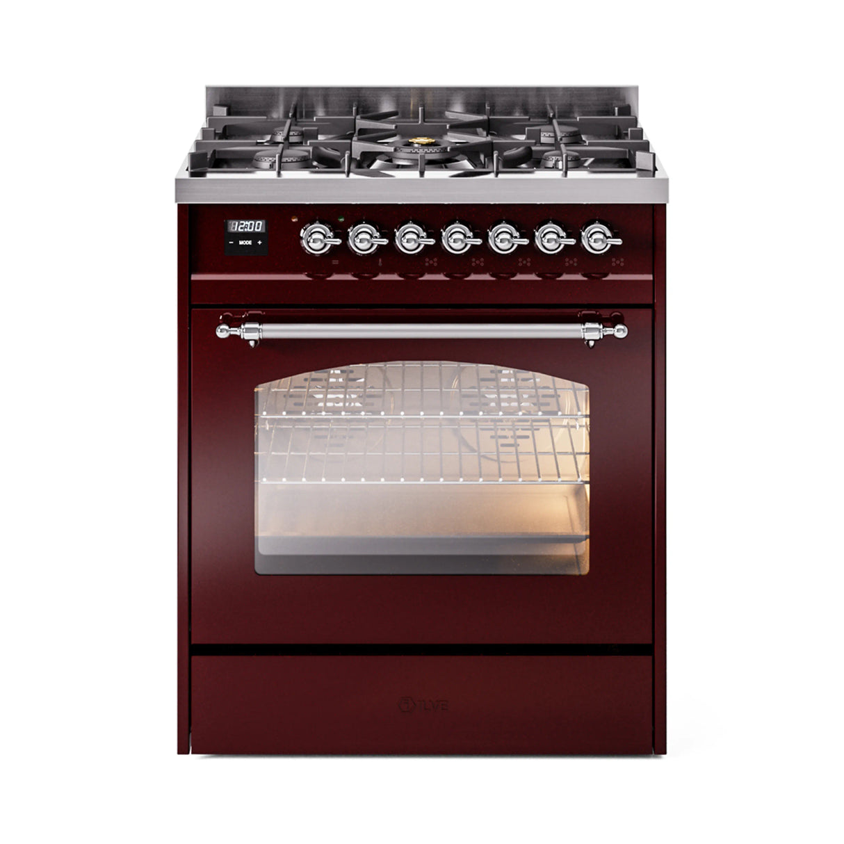ILVE Nostalgie II 30-Inch Dual Fuel Freestanding Range in Burgundy with Chrome Trim (UP30NMPBUCLP)