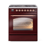 ILVE Nostalgie II 30-Inch Dual Fuel Freestanding Range in Burgundy with Copper Trim (UP30NMPBUPLP)