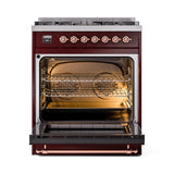 ILVE Nostalgie II 30-Inch Dual Fuel Freestanding Range in Burgundy with Copper Trim (UP30NMPBUPLP)