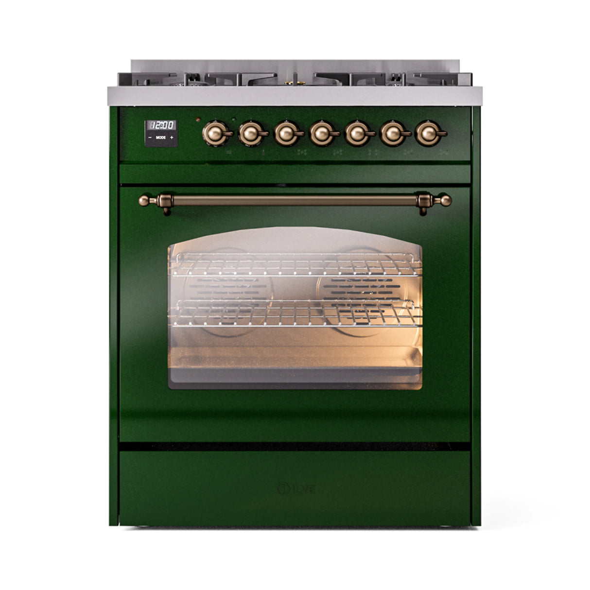 ILVE Nostalgie II 30-Inch Dual Fuel Freestanding Range in Emerald Green with Bronze Trim (UP30NMPEGBLP)