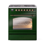 ILVE Nostalgie II 30-Inch Freestanding Natural Gas Dual Fuel Range in Emerald Green with Bronze Trim (UP30NMPEGB)