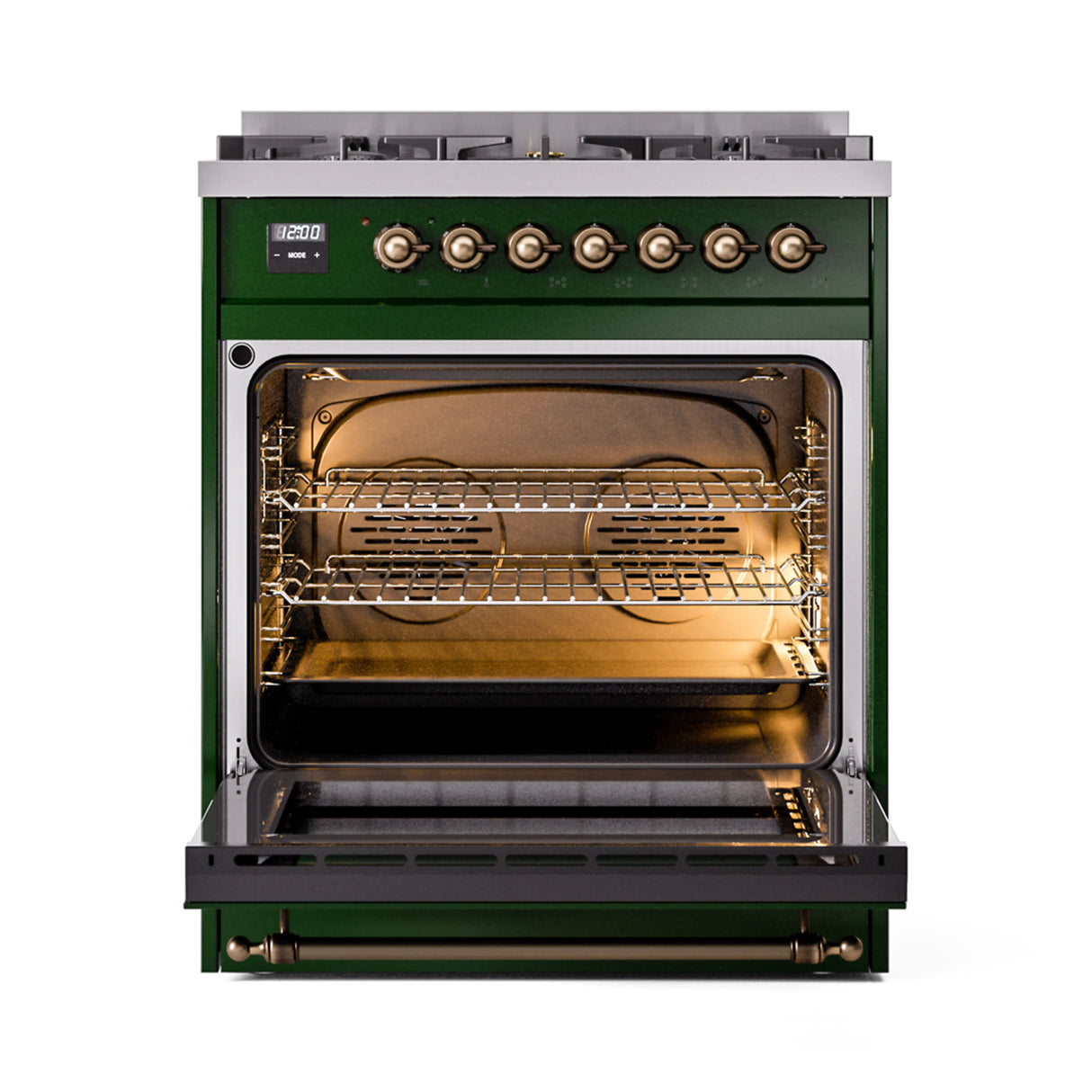 ILVE Nostalgie II 30-Inch Dual Fuel Freestanding Range in Emerald Green with Bronze Trim (UP30NMPEGBLP)