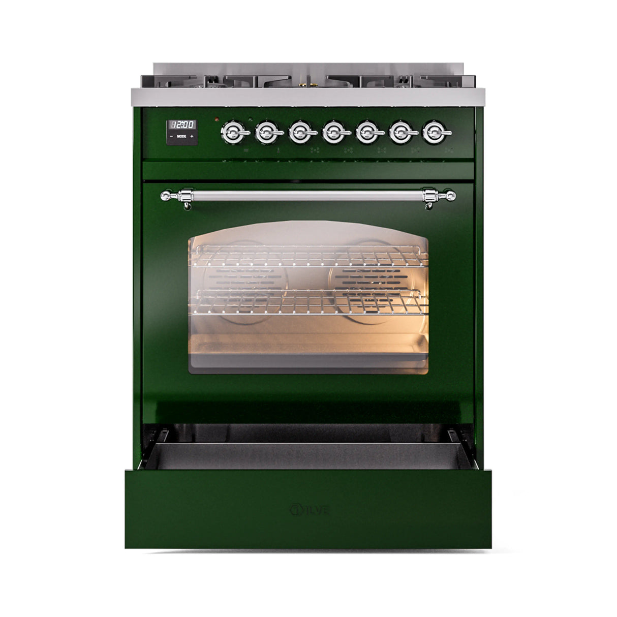 ILVE Nostalgie II 30-Inch Dual Fuel Freestanding Range in Emerald Green with Chrome Trim (UP30NMPEGCLP)