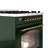 ILVE Nostalgie II 30-Inch Dual Fuel Freestanding Range in Emerald Green with Brass Trim (UP30NMPEGGLP)