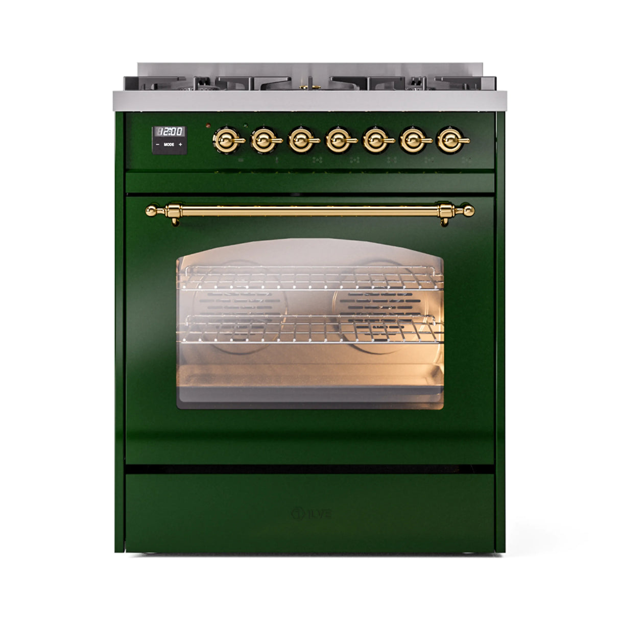 ILVE Nostalgie II 30-Inch Dual Fuel Freestanding Range in Emerald Green with Brass Trim (UP30NMPEGGLP)