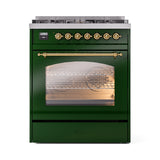 ILVE Nostalgie II 30-Inch Dual Fuel Freestanding Range in Emerald Green with Brass Trim (UP30NMPEGGLP)