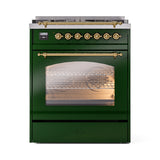 ILVE Nostalgie II 30-Inch Dual Fuel Freestanding Range in Emerald Green with Brass Trim (UP30NMPEGGLP)
