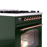 ILVE Nostalgie II 30-Inch Freestanding Natural Gas Dual Fuel Range in Emerald Green with Copper Trim (UP30NMPEGP)