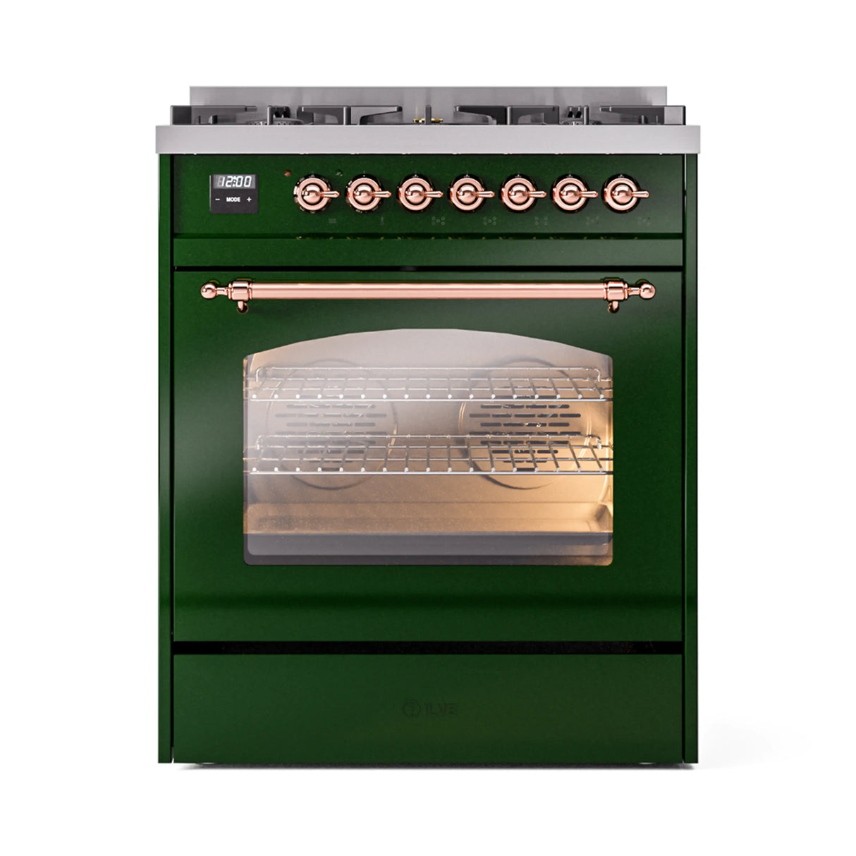 ILVE Nostalgie II 30-Inch Freestanding Natural Gas Dual Fuel Range in Emerald Green with Copper Trim (UP30NMPEGP)