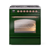 ILVE Nostalgie II 30-Inch Freestanding Natural Gas Dual Fuel Range in Emerald Green with Copper Trim (UP30NMPEGP)