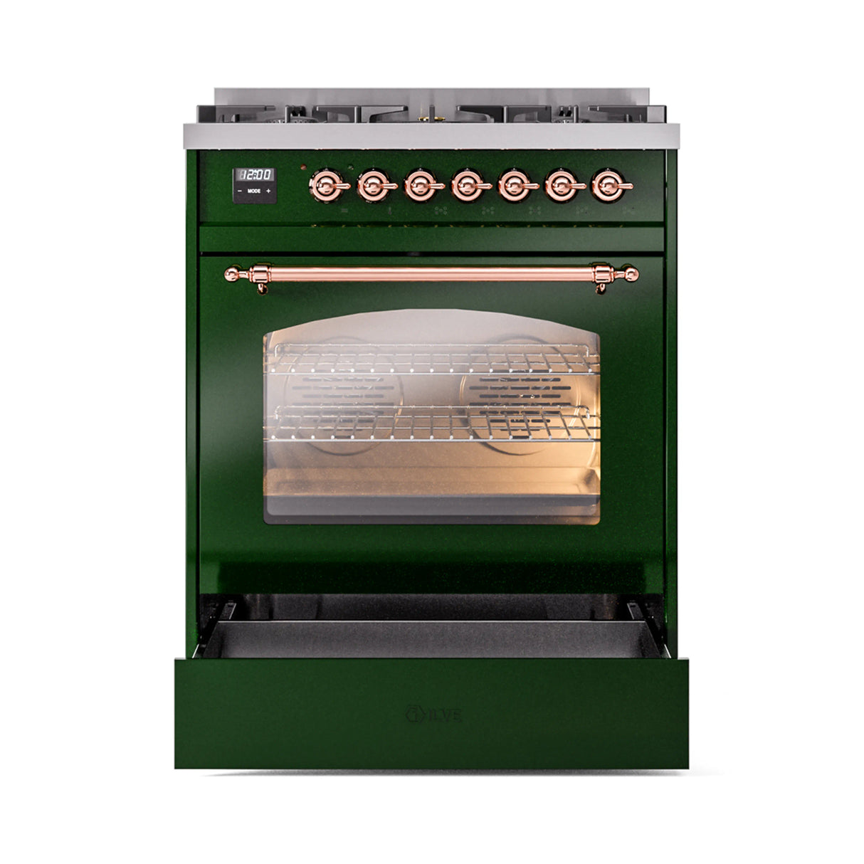 ILVE Nostalgie II 30-Inch Freestanding Natural Gas Dual Fuel Range in Emerald Green with Copper Trim (UP30NMPEGP)