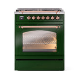 ILVE Nostalgie II 30-Inch Freestanding Natural Gas Dual Fuel Range in Emerald Green with Copper Trim (UP30NMPEGP)