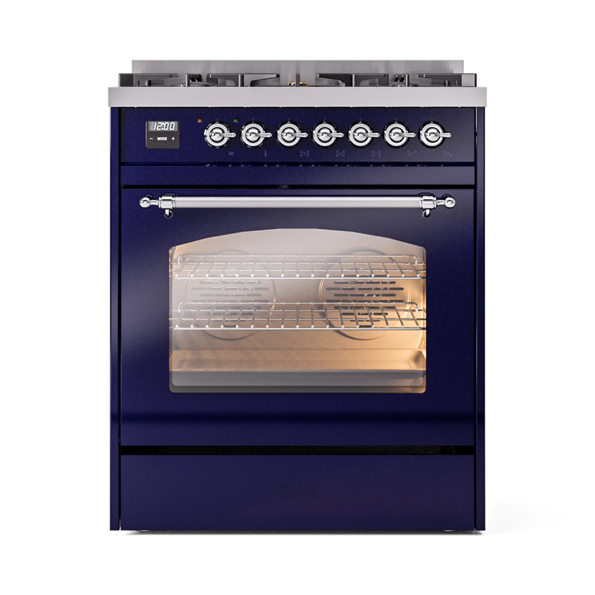 ILVE Nostalgie II 30-Inch Dual Fuel Freestanding Range in Midnight Blue with Chrome Trim (UP30NMPMBCLP)