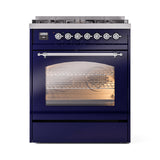 ILVE Nostalgie II 30-Inch Dual Fuel Freestanding Range in Midnight Blue with Chrome Trim (UP30NMPMBCLP)