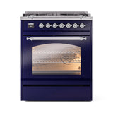 ILVE Nostalgie II 30-Inch Dual Fuel Freestanding Range in Midnight Blue with Chrome Trim (UP30NMPMBCLP)