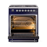 ILVE Nostalgie II 30-Inch Dual Fuel Freestanding Range in Midnight Blue with Chrome Trim (UP30NMPMBCLP)