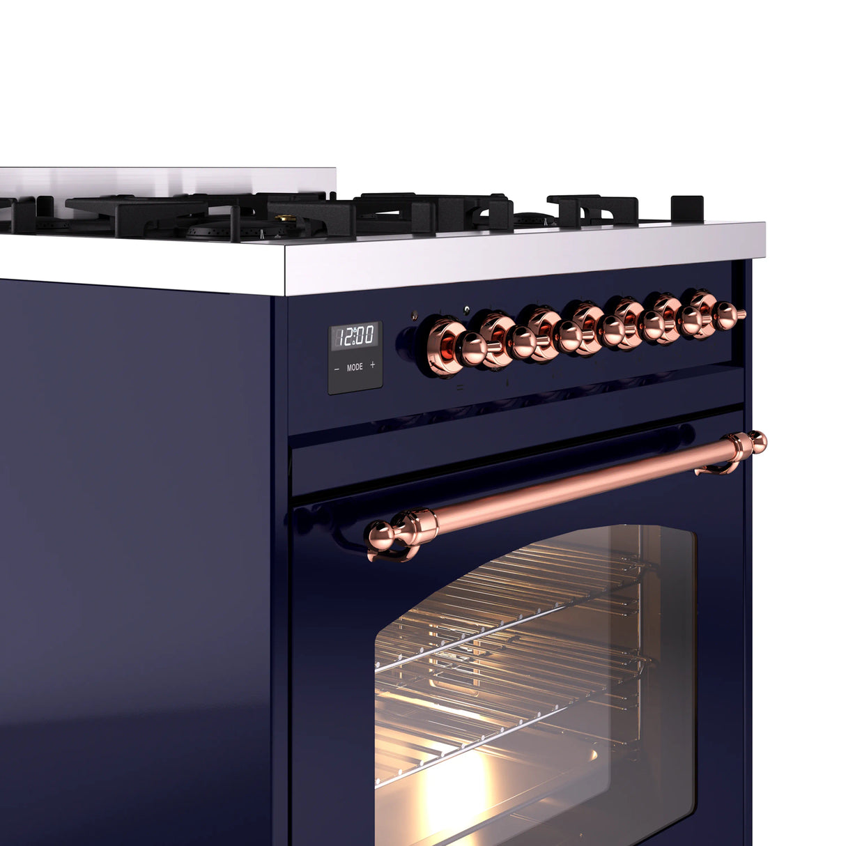 ILVE Nostalgie II 30-Inch Dual Fuel Freestanding Range in Midnight Blue with Copper Trim (UP30NMPMBPLP)