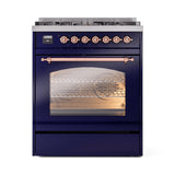 ILVE Nostalgie II 30-Inch Dual Fuel Freestanding Range in Midnight Blue with Copper Trim (UP30NMPMBPLP)