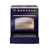 ILVE Nostalgie II 30-Inch Dual Fuel Freestanding Range in Midnight Blue with Copper Trim (UP30NMPMBPLP)
