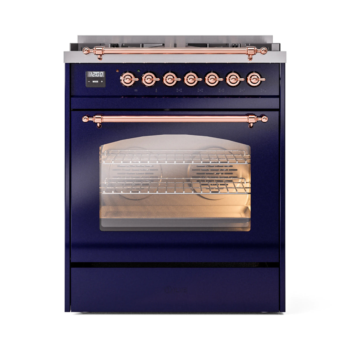 ILVE Nostalgie II 30-Inch Dual Fuel Freestanding Range in Midnight Blue with Copper Trim (UP30NMPMBPLP)