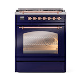 ILVE Nostalgie II 30-Inch Dual Fuel Freestanding Range in Midnight Blue with Copper Trim (UP30NMPMBPLP)
