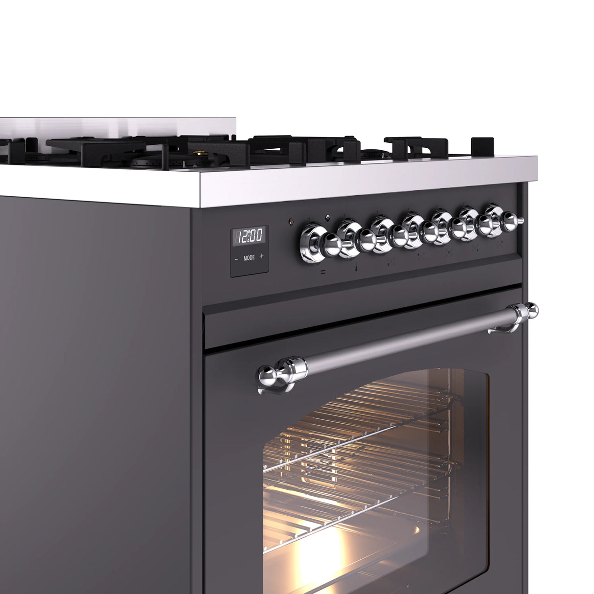 ILVE Nostalgie II 30-Inch Dual Fuel Freestanding Range in Matte Graphite with Chrome Trim (UP30NMPMGCLP)