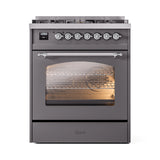 ILVE Nostalgie II 30-Inch Dual Fuel Freestanding Range in Matte Graphite with Chrome Trim (UP30NMPMGCLP)