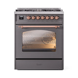ILVE Nostalgie II 30-Inch Dual Fuel Freestanding Range in Matte Graphite with Copper Trim (UP30NMPMGPLP)