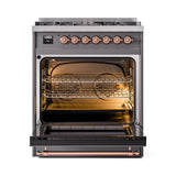 ILVE Nostalgie II 30-Inch Dual Fuel Freestanding Range in Matte Graphite with Copper Trim (UP30NMPMGPLP)
