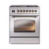 ILVE Nostalgie II 30-Inch Freestanding Natural Gas Dual Fuel Range in Stainless Steel with Bronze Trim (UP30NMPSSB)