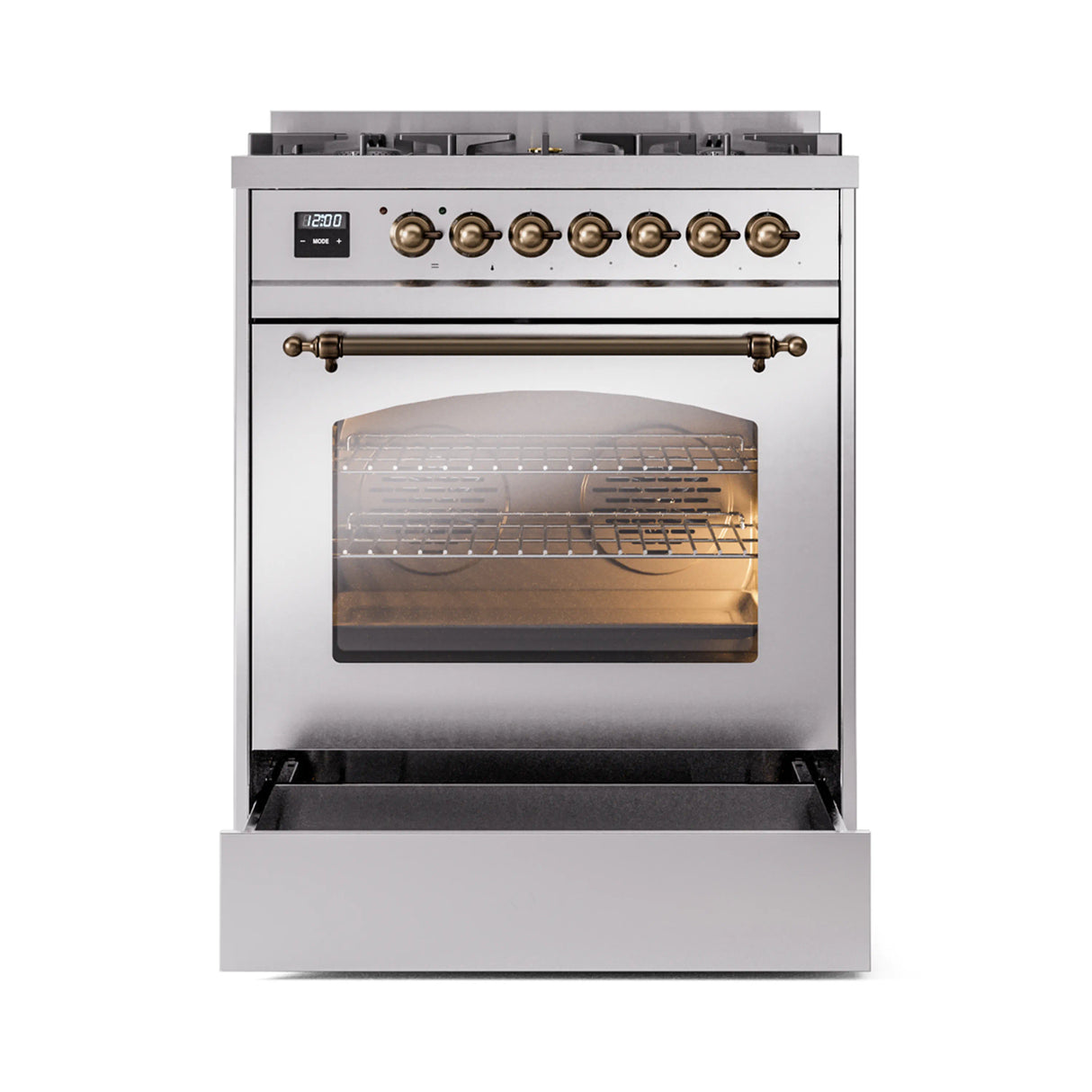 ILVE Nostalgie II 30-Inch Freestanding Natural Gas Dual Fuel Range in Stainless Steel with Bronze Trim (UP30NMPSSB)